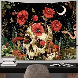 Skull Red Poppies Wall Tapestry Ferns Poppy Flowers Mushrooms Snake Hanging Art